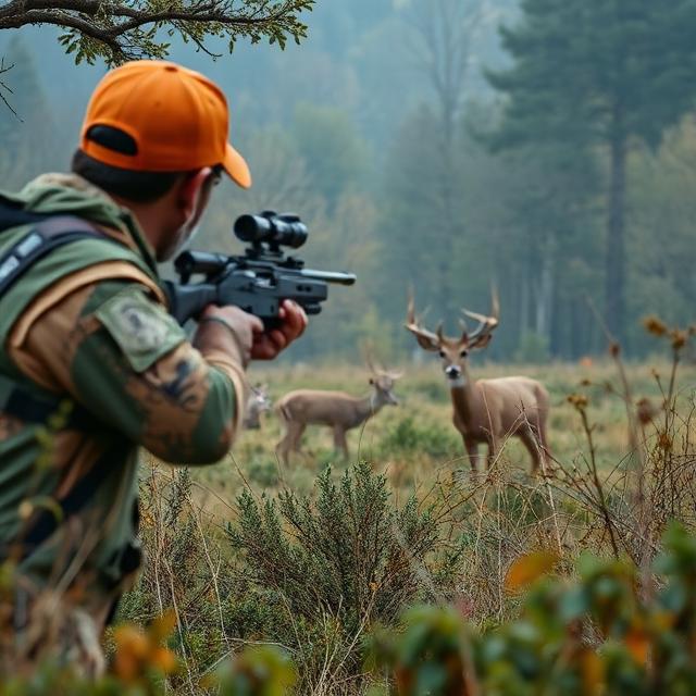 Deer hunting A hunter aiming at a deer