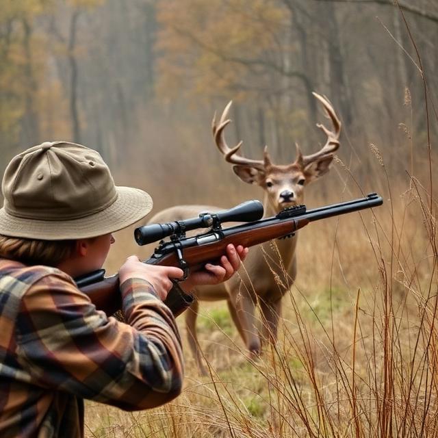 Hunter holding a riffle and aiming at a deer Best Deer Hunting Rifles: Choosing the Right Caliber, Action, and Essential Gear